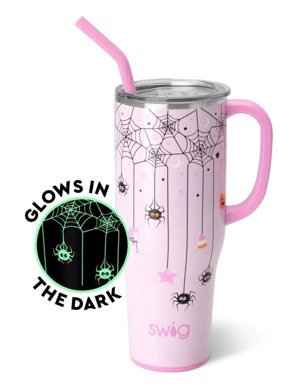 Swig 40 oz “Sweet & Spooky” Glow-in-the-Dark Spider Web Travel Mug w/ Straw RARE
